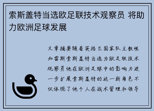 索斯盖特当选欧足联技术观察员 将助力欧洲足球发展 索斯盖特当选欧足联技术观察员 将助力欧洲足球发展