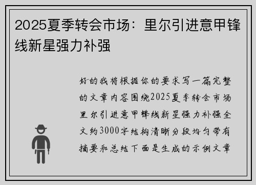 2025夏季转会市场：里尔引进意甲锋线新星强力补强